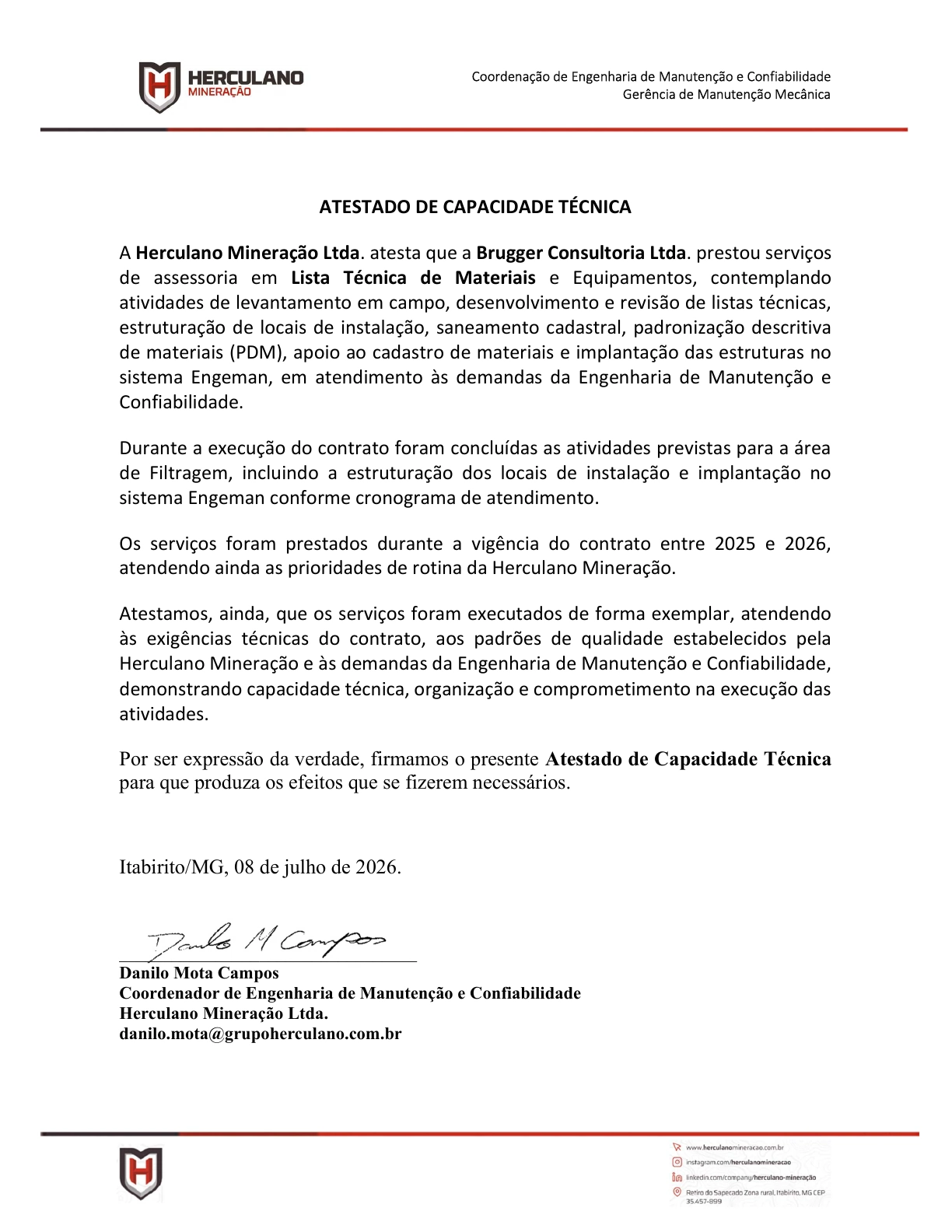 Atestado de capacidade técnica da Herculano Mineração