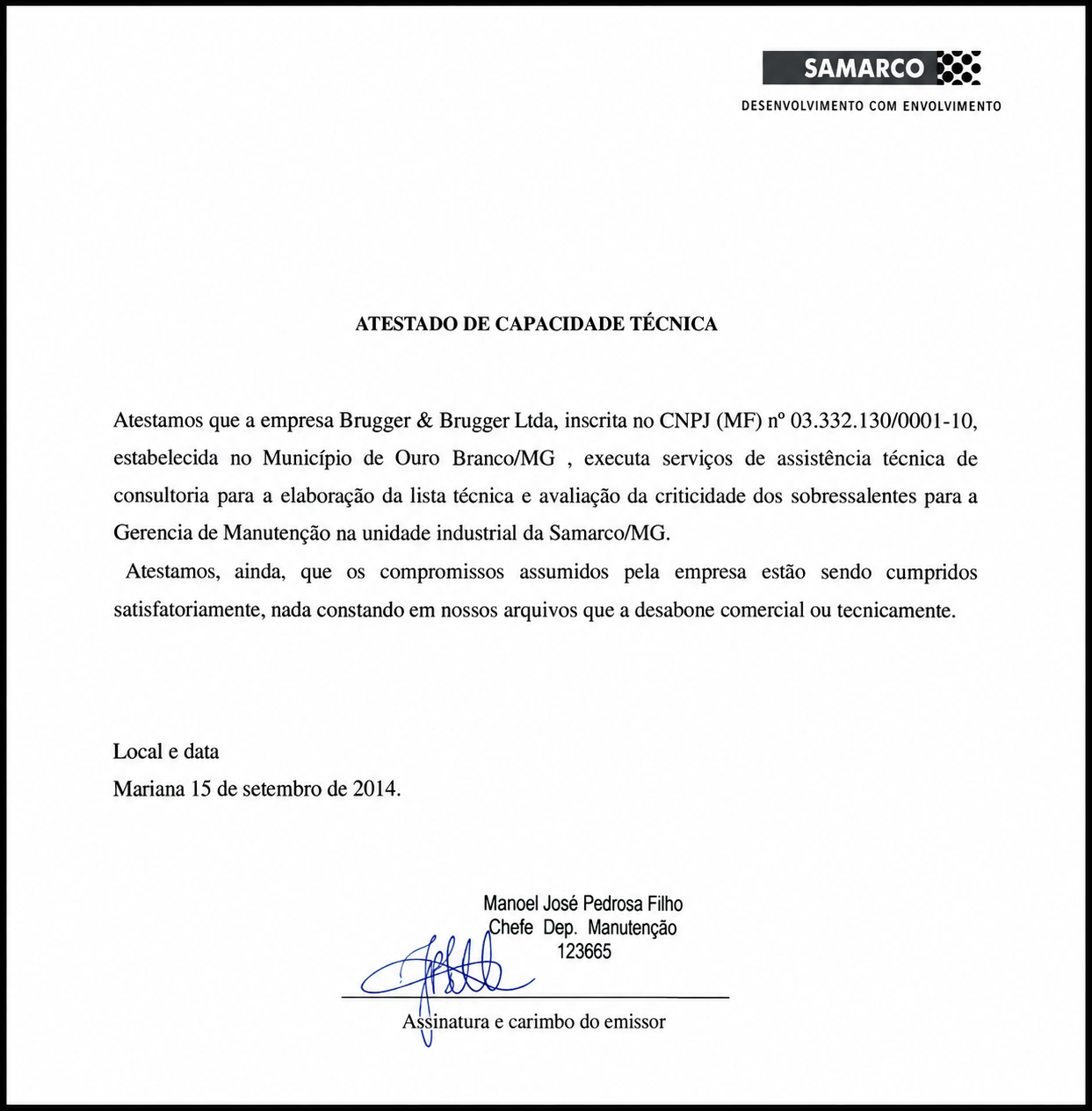 Atestado de capacidade técnica da Samarco